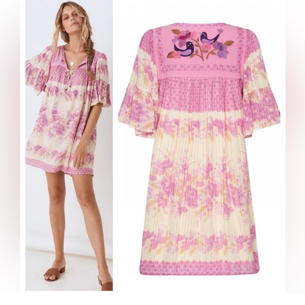 Spell & The Gypsy Coco Lei Tunic Dress Flutter Sleeve Pink Size Small NWT